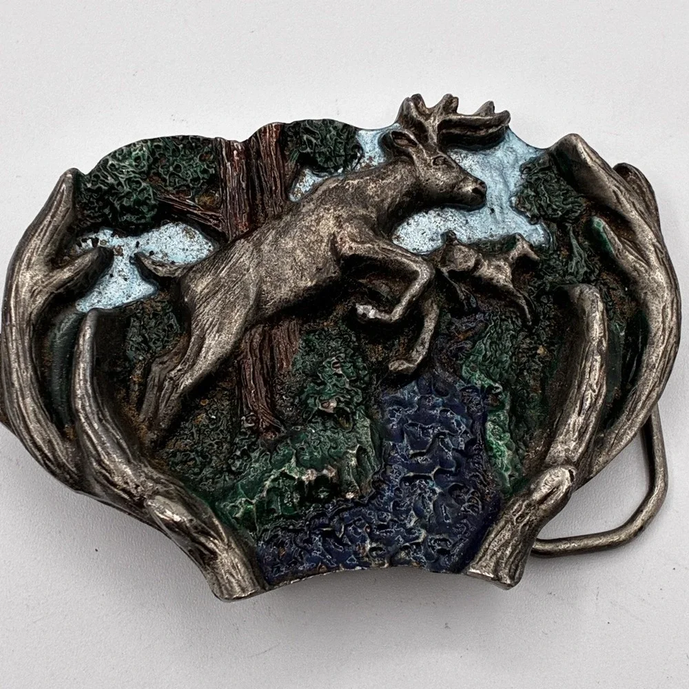 Vintage 1982 The Great American Buckle Deer Fawn Jumping Forest Belt Buckle USA